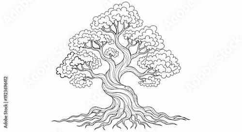 Ornate, twisted ancient tree with sprawling roots and dense foliage