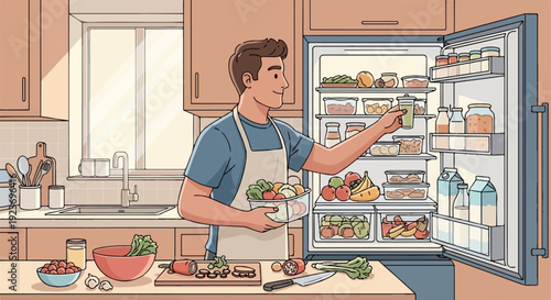 Person in apron organizing fresh produce in a bright, well-stocked kitchen