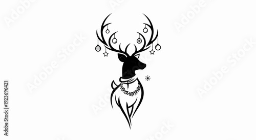 Silhouette deer with ornaments on antlers, wearing a wreath
