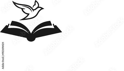 Open book with a stylized bird flying above, black and white icon