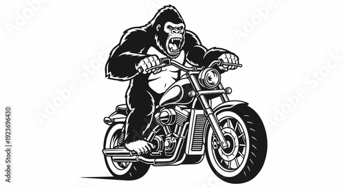 Roaring gorilla on a motorcycle, depicted in a black and white illustration
