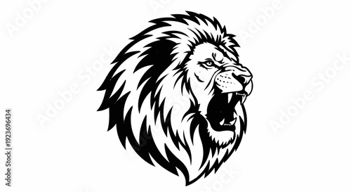 Roaring lion head, black and white illustration with sharp mane details