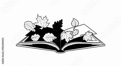 Open book with autumn leaves falling from its pages
