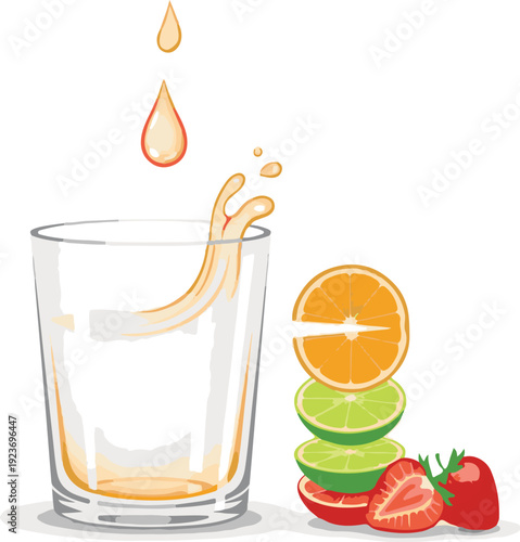 A glass of freshly squeezed juice with fruit slices and droplets