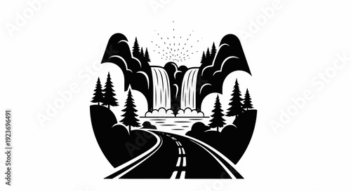 Road leads to waterfall and sunburst amidst pine trees and mountains