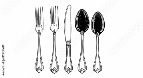 Ornate vintage cutlery set two forks, a knife, and two spoons