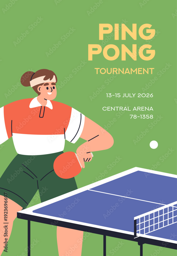 Obraz premium Ping pong tournament card. Flyer design for table tennis match, sport game. Female athlete, woman player with racket and ball at competition, championship, ad banner, poster. Flat vector illustration