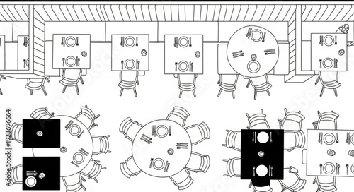 Restaurant layout with tables and chairs, top view, dining area design.