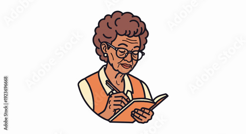 Older woman with glasses writing in a journal
