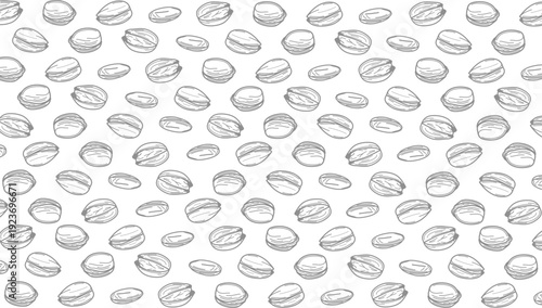 Pistachio nut seamless pattern hand drawn line art style for packaging. Nuts outline hand drawn background texture.