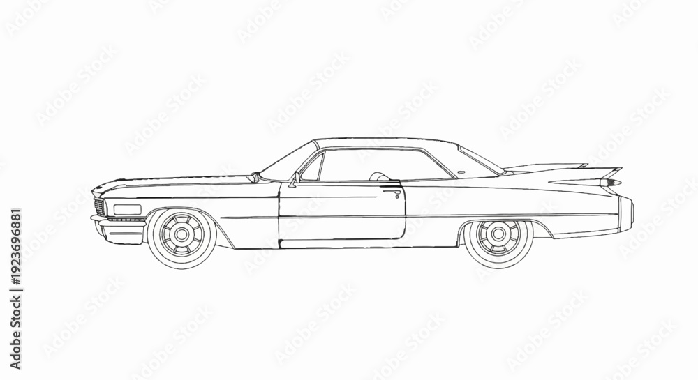 Obraz premium Side profile line drawing of a classic American car with distinctive tail fins