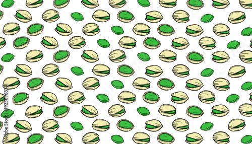 Pistachio nut seamless pattern hand drawn line art style for packaging. Nuts outline hand drawn background texture.