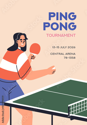 Ping pong tournament, promotion card design. Ad flyer, poster for table tennis match, competition, contest. Female athlete with racket at sport game championship, ad banner. Flat vector illustration