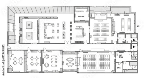 Architectural floor plan of a building showcasing various rooms and layouts for design.