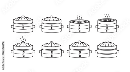 Collection of Bamboo Steamer Baskets with Steam Illustrations - Stock Media