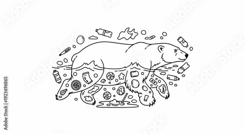 Polar bear swims through polluted water filled with plastic bottles and debris