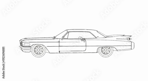 Side profile line drawing of a classic American car with distinctive tail fins