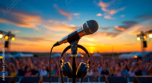 Wallpaper Mural Microphone and Headphones on Stage with Concert Crowd at Sunset Torontodigital.ca