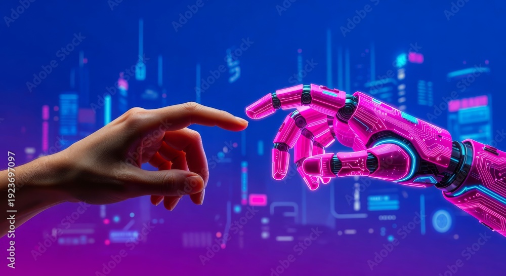 custom made wallpaper toronto digitalHuman and robot hands close to touching, artificial intelligence and robotics concept