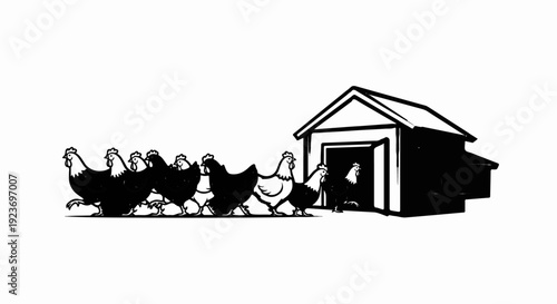 Several chickens march toward a rustic coop under a bright sky