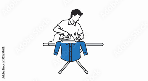 Person ironing a blue shirt on an ironing board