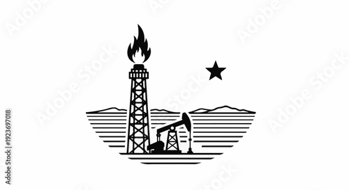 Oil derrick and flare stack with star and stylized landscape