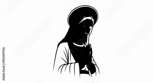 Praying figure with a halo, rendered in bold black and white lines