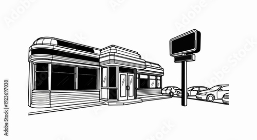 Retro diner with cars parked outside under a large, blank sign