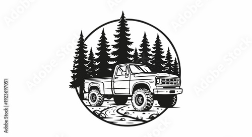 Off-road pickup truck drives through a forest scene inside a circle