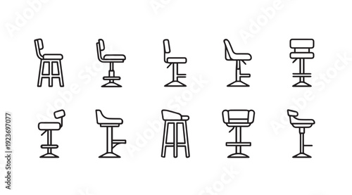 Collection of Bar Stool Icons, Diverse Designs, Line Art Style