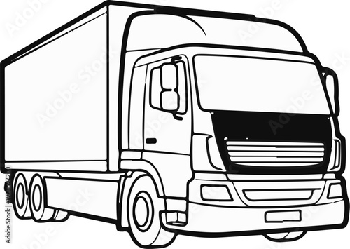 Outline drawing of a box truck with multiple wheels, ready for transport