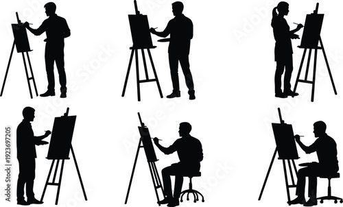 Artist silhouettes painting on easel, creative male and female painters, standing and sitting poses, fine art studio vector icons.