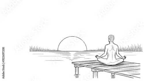 Person meditating on dock at sunset over calm water with reeds