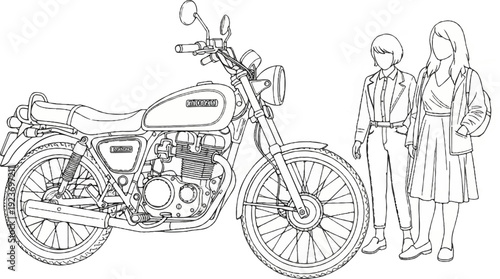 Outline drawing of a classic motorcycle parked beside two standing women