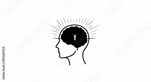 Profile of a head with a brain emitting light rays from within