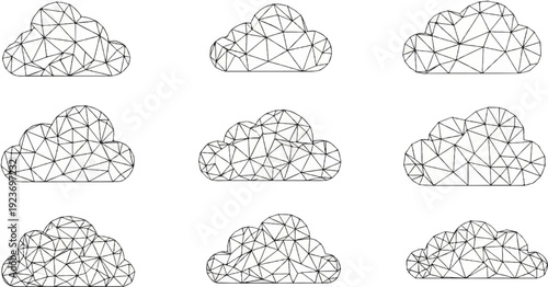 Nine abstract cloud icons with triangular geometric patterns and bold outlines