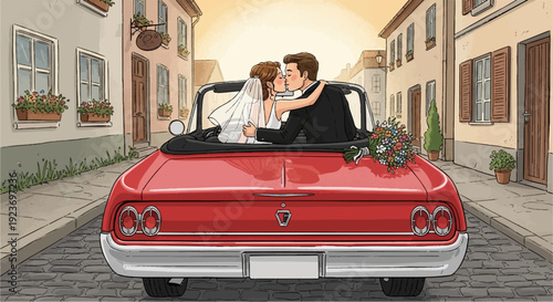 Newlyweds share a tender kiss in a red convertible on a cobblestone street