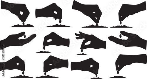 Silhouette hands planting seeds in various gestures and motions