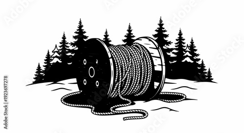 Reel of rope in a snowy forest scene