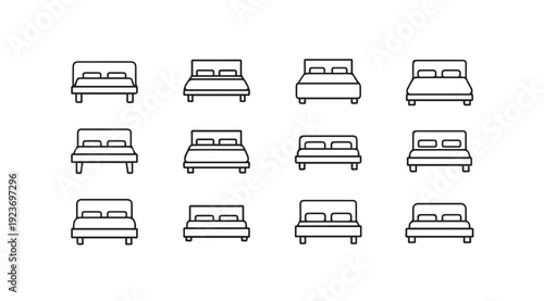 Collection of Bed Icons, Different Styles and Sizes, Simple Line Art, Isolated on White