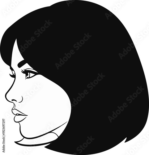Profile of a woman with dark bob haircut, bold lines, black and white, graphic