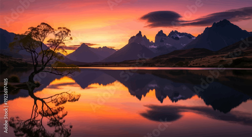 Serene mountain lake reflects vibrant sunset and lone tree