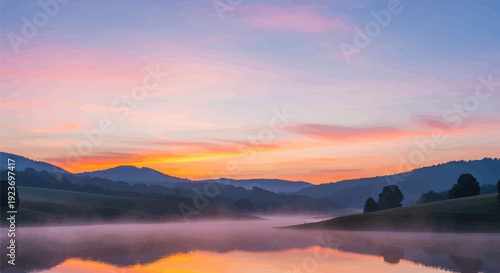 Serene landscape at dawn with misty lake and rolling hills