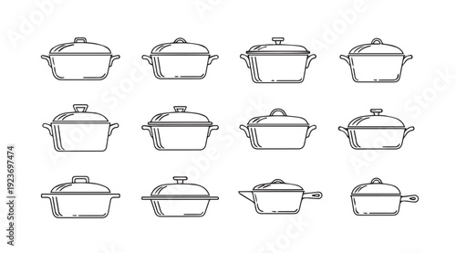 Collection of Casserole Dishes and Pots, Line Art, Isolated on White Background