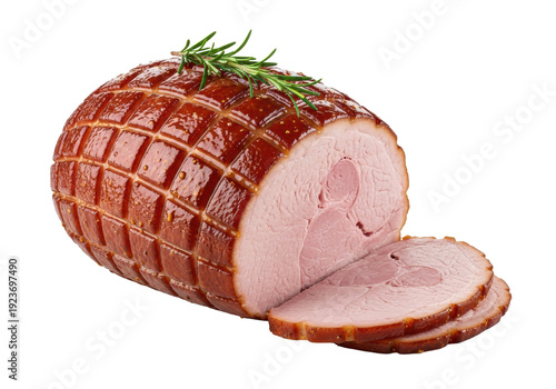 A whole roasted boneless pork ham with scored golden-brown skin and glistening honey-mustard glaze, garnished with rosemary, isolated on white. Thick carved slice shows moist pink meat, luxurious