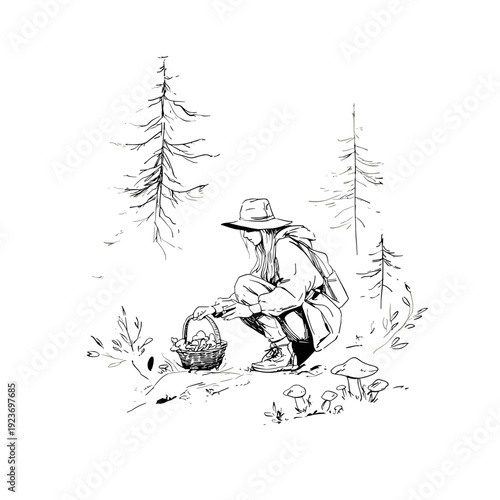 Forager Collecting Chanterelle Mushrooms in Forest