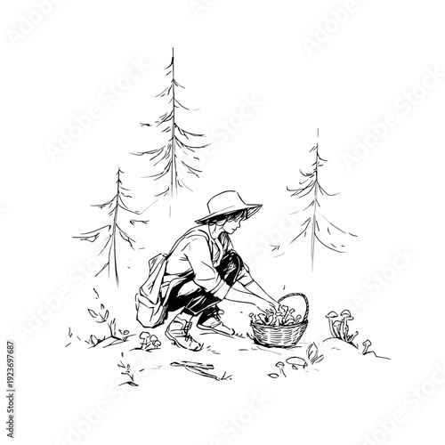 Forager Collecting Chanterelle Mushrooms in Forest