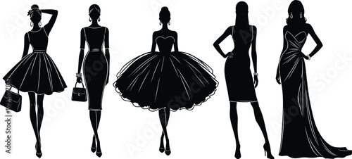 Black silhouettes of elegant women wearing different evening gowns and cocktail dresses isolated on white background for fashion industry design
