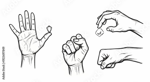 Multiple hand gestures and a diamond-shaped object are depicted in black and white