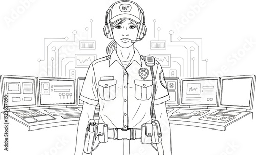 Security officer at control consoles with monitors and digital readouts